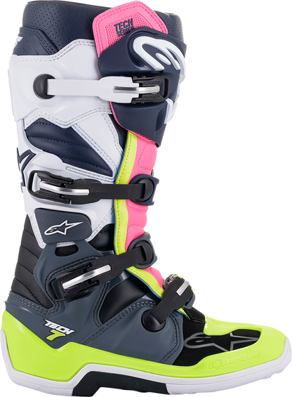 Alpinestars Tech 7 motocross boots in black, pink, white, and yellow with US size 11, designed for off-road riding.