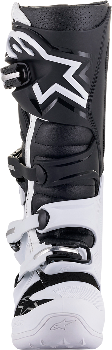 Alpinestars Tech 7 motorcycle boots in white and black, US size 10, featuring durable construction and protective design.