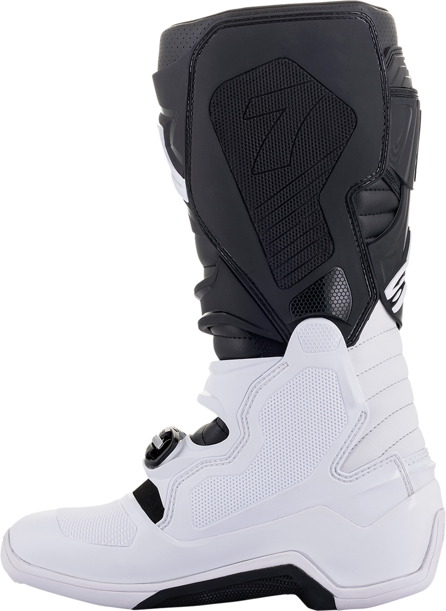 Alpinestars Tech 7 motorcycle boots in white and black, US size 10, featuring durable leather and protective design.