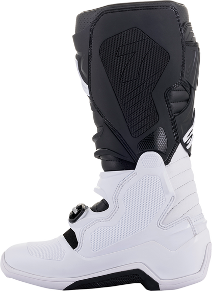 Alpinestars Tech 7 motorcycle boots in white and black, US size 10, featuring durable leather and protective design.