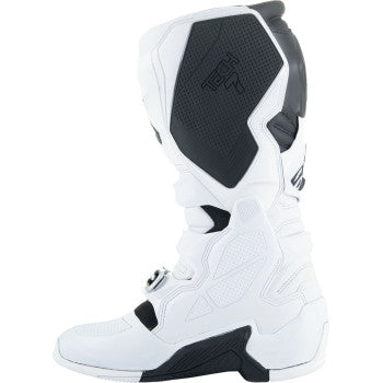Alpinestars Tech 7 riding boots in white and black, US size 11, featuring sturdy construction and protective design.