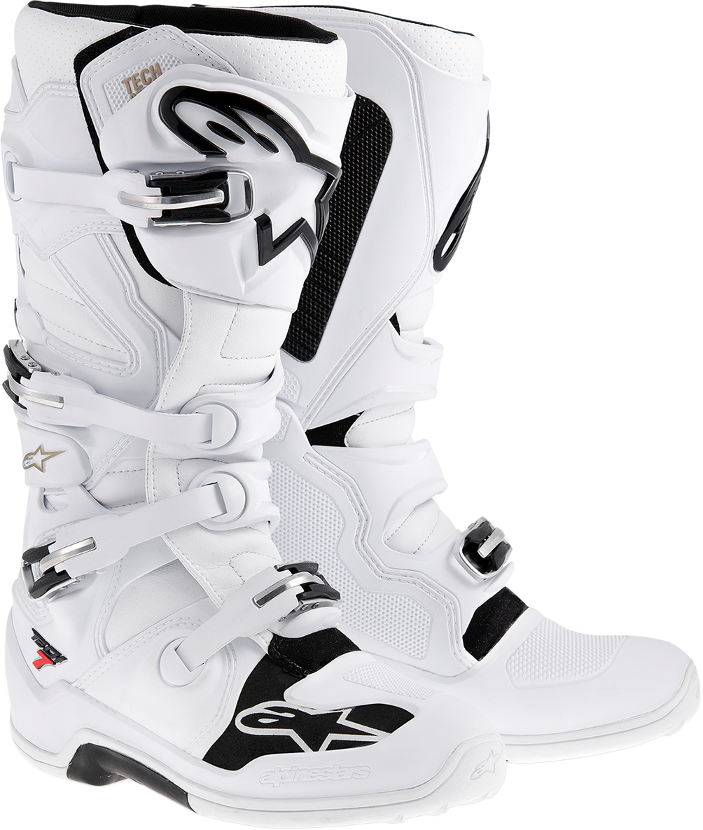 Alpinestars Tech 7 motocross boots in white, US size 7, designed for off-road riding and protection.