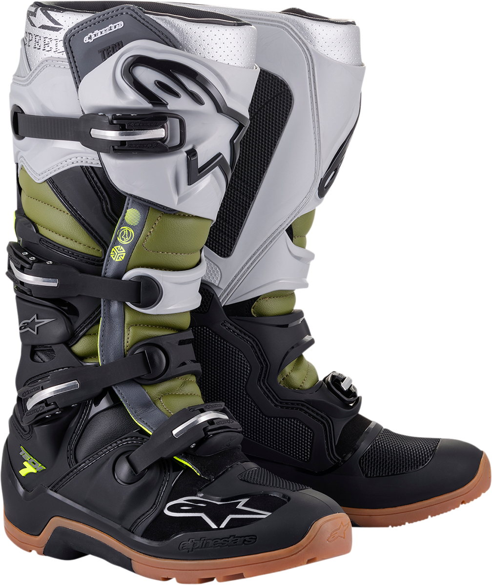 Alpinestars Tech 7 Enduro Boots in black, silver, and green, US size 10, featuring durable protective design and rugged sole.