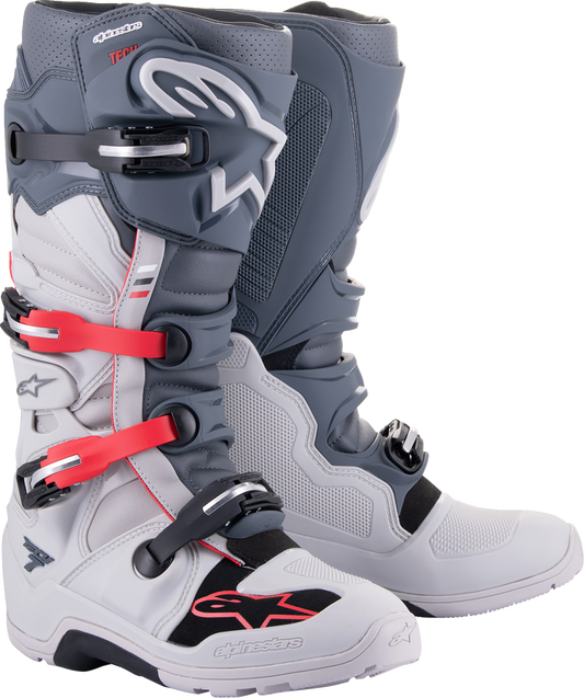 Alpinestars Tech 7 Enduro Boots in gray and red, US size 12, showcasing sturdy motocross and off-road footwear.
