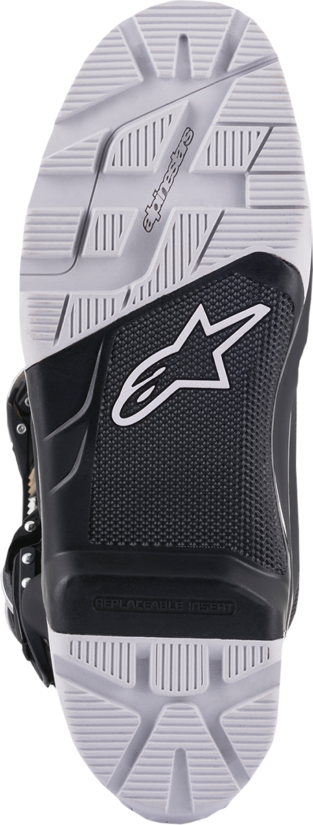 Alpinestars Tech 7 Enduro Drystar boots in black, gray, and gold with US size 10, featuring durable riding footwear design.