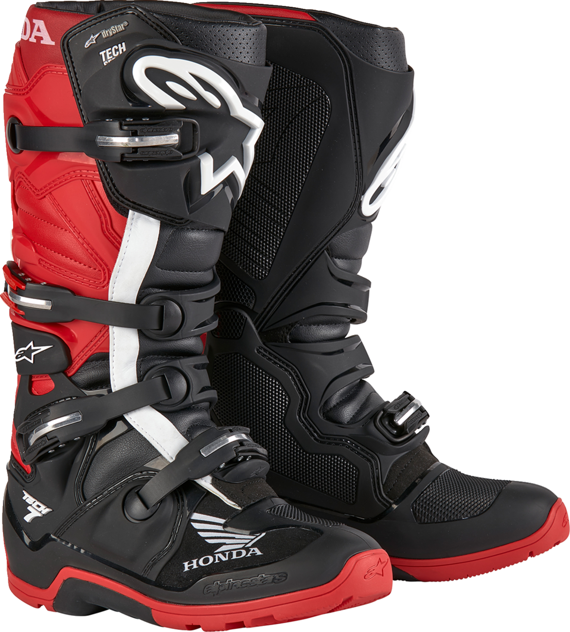 Alpinestars Tech 7 Enduro Drystar boots in black and red, US size 8, featuring rugged design and protective features.