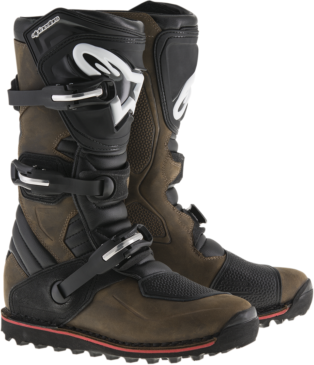 Alpinestars Tech-T motorcycle boots in brown and black, US size 8, featuring durable design and reinforced ankle protection.