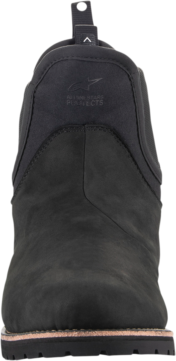 Alpinestars Turnstone boots in black, US 8, displayed with sturdy leather construction and motorcycle footwear design.