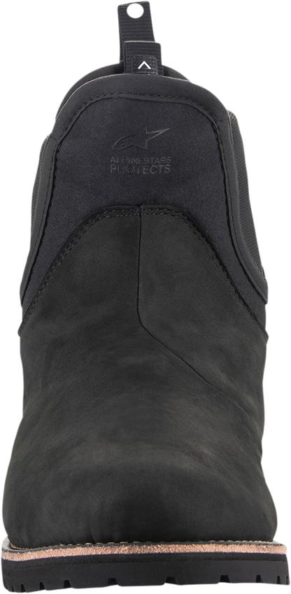 Alpinestars Turnstone boots in black, US 8, displayed with sturdy leather construction and motorcycle footwear design.