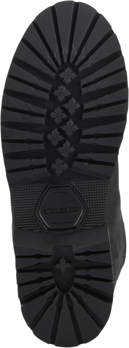 Black Alpinestars Turnstone Boots in US size 8, featuring sturdy design and secure fastening, ideal for motorcycling.