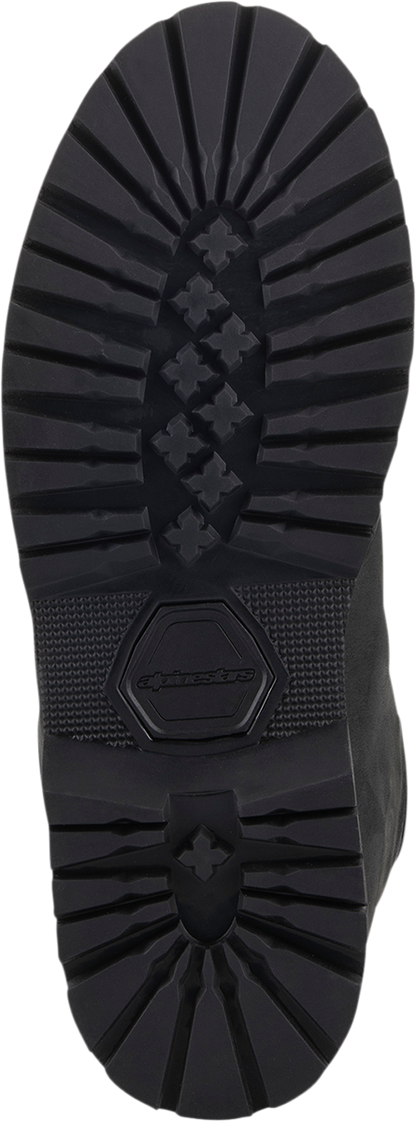 Black Alpinestars Turnstone Boots in US size 8, featuring sturdy design and secure fastening, ideal for motorcycling.