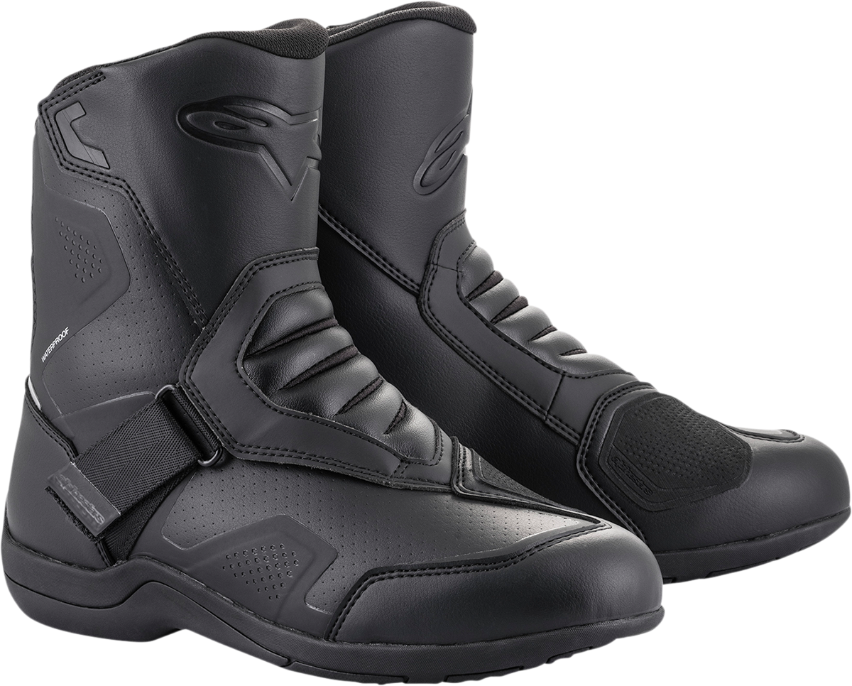 Alpinestars Waterproof V2 Ridge Boots in black, US 7.5 / EU 41, showing the rugged motorcycle boot design and waterproof features.