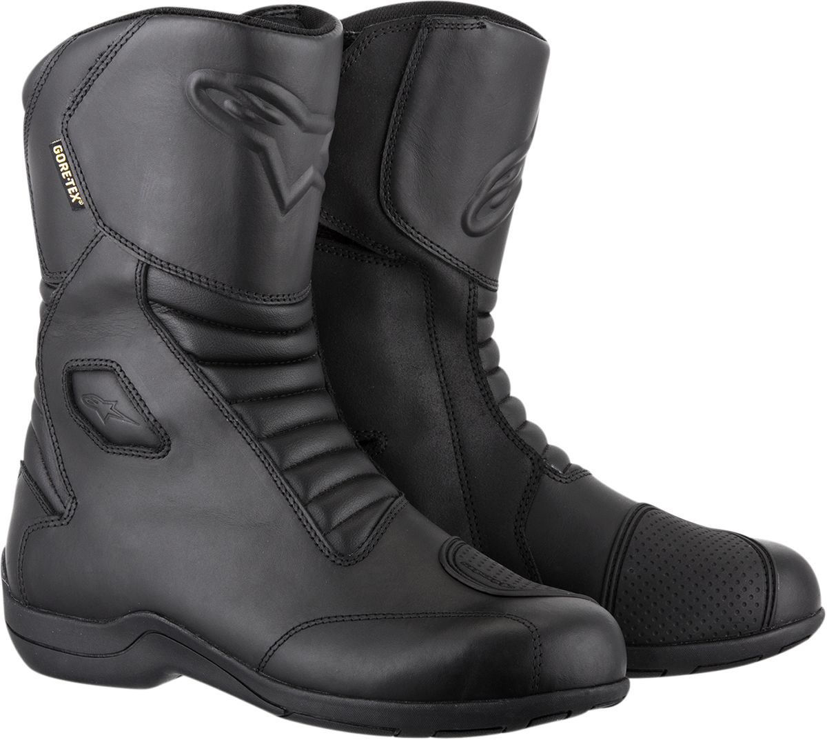 Black Alpinestars Web Gore-Tex motorcycle boots in US 9.5 / EU 44 with waterproof Gore-Tex membrane, sturdy design, and reinforced soles.