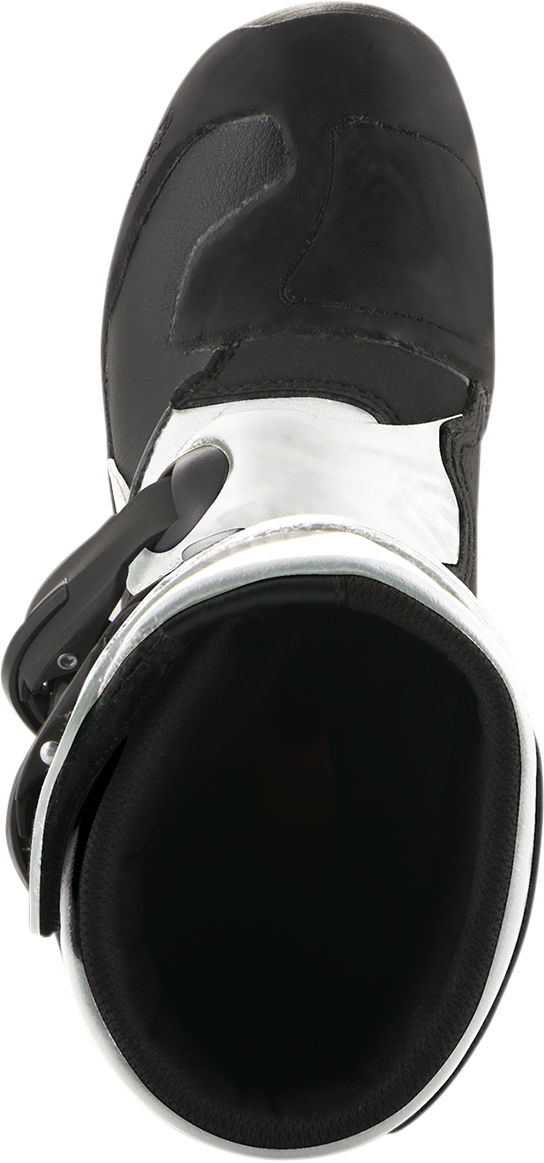 Alpinestars Youth Tech 3S motorcycle boots in black and white, US size 1, featuring protective design and sturdy construction.