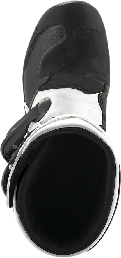 Alpinestars Youth Tech 3S motorcycle boots in black and white, US size 1, featuring protective design and sturdy construction.