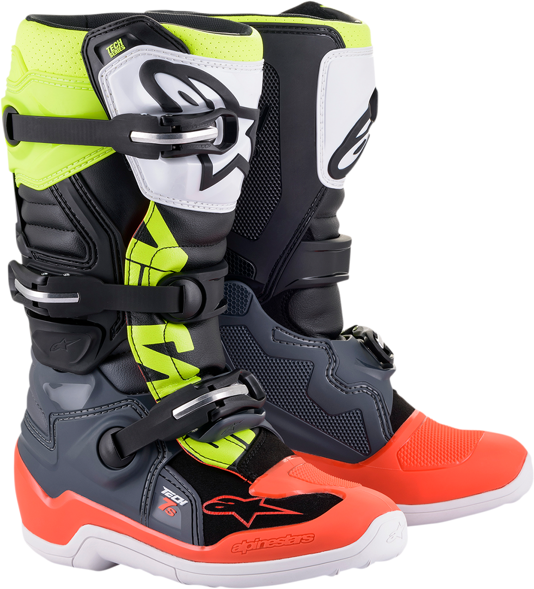 Alpinestars Youth Tech 7S motorcycle boots in black, gray, red, white, and yellow with US size 3, featuring protective design.