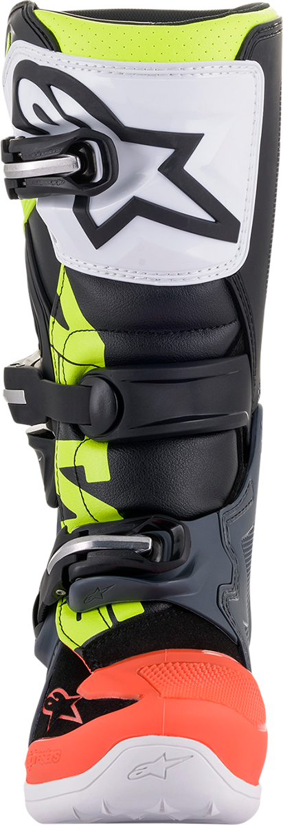 Alpinestars Youth Tech 7S motorcycle boots in black, gray, red, white, and yellow, US size 3, with sturdy design and protective features.