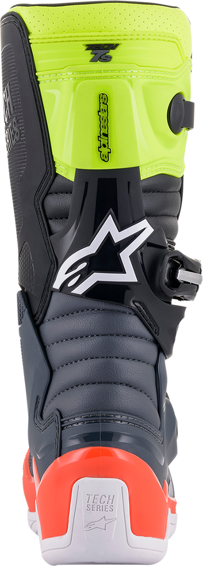 Alpinestars Youth Tech 7S motorcycle boots in black, gray, red, white, and yellow, US size 3, featuring protective design.