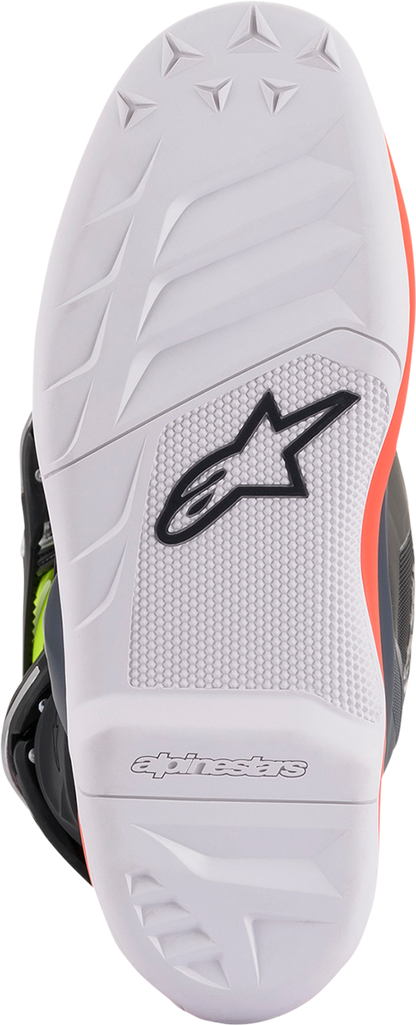 Alpinestars Youth Tech 7S motorcycle boots in black, gray, red, white, and yellow, size US 3, with protective design.
