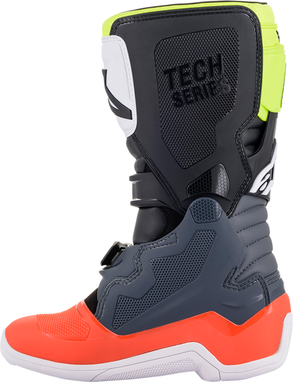 Youth Alpinestars Tech 7S motorcycle boots in black, gray, red, white, and yellow with US size 7, featuring protective design.
