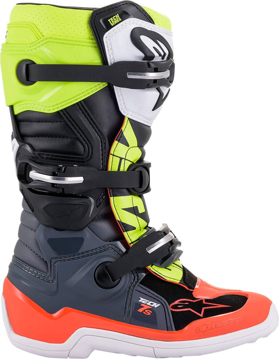 Alpinestars Youth Tech 7S motorcycle boots in black, gray, red, white, and yellow, size US 7, with protective design features.