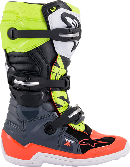 Alpinestars Youth Tech 7S motorcycle boots in black, gray, red, white, and yellow, size US 7, with protective design features.