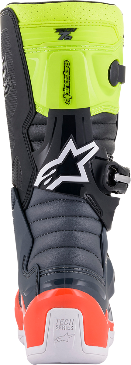 Alpinestars Youth Tech 7S motorcycle boots in black, gray, red, white, and yellow with US size 7, featuring protective design.