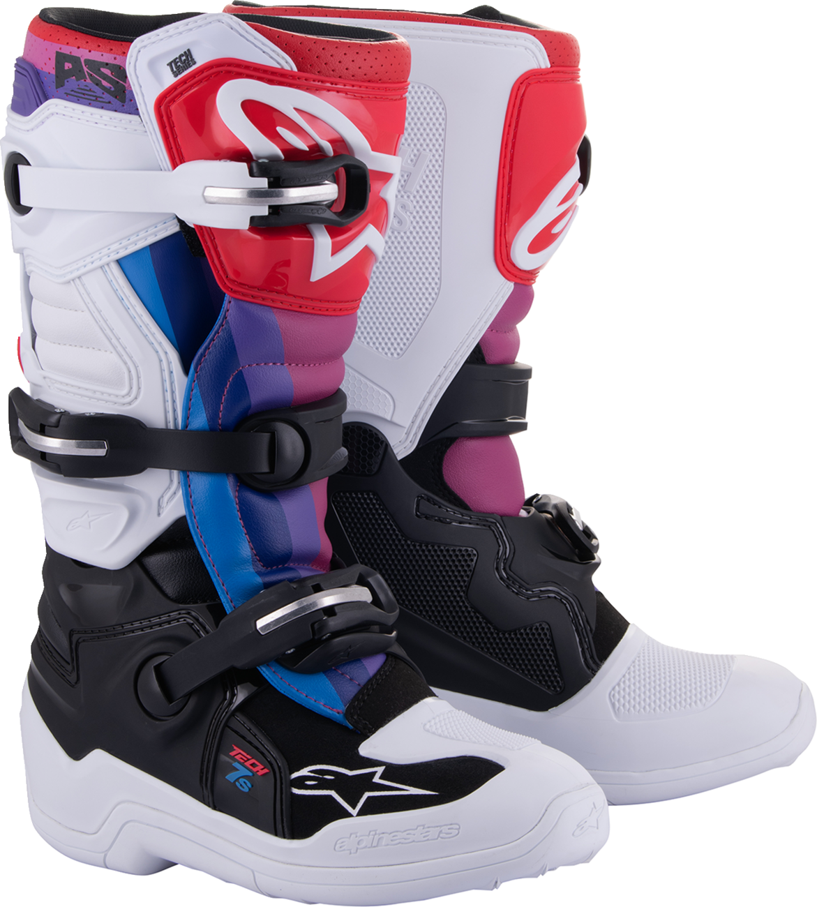 Alpinestars Youth Tech 7S motorcycle boots in white, black, and rainbow with sturdy design for young riders.