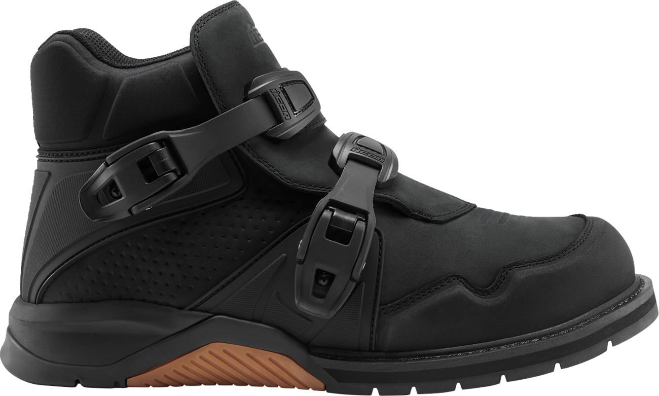 Bill's Exhausts ICON Slabtown waterproof boots in black, size 9.5, showing durable leather construction and sturdy sole design.