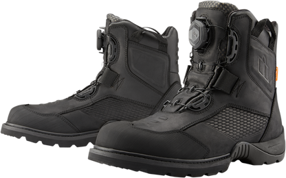 Black ICON Stormhawk boots by Bill's Exhausts, size 11.5, showcasing durable design and sturdy construction.