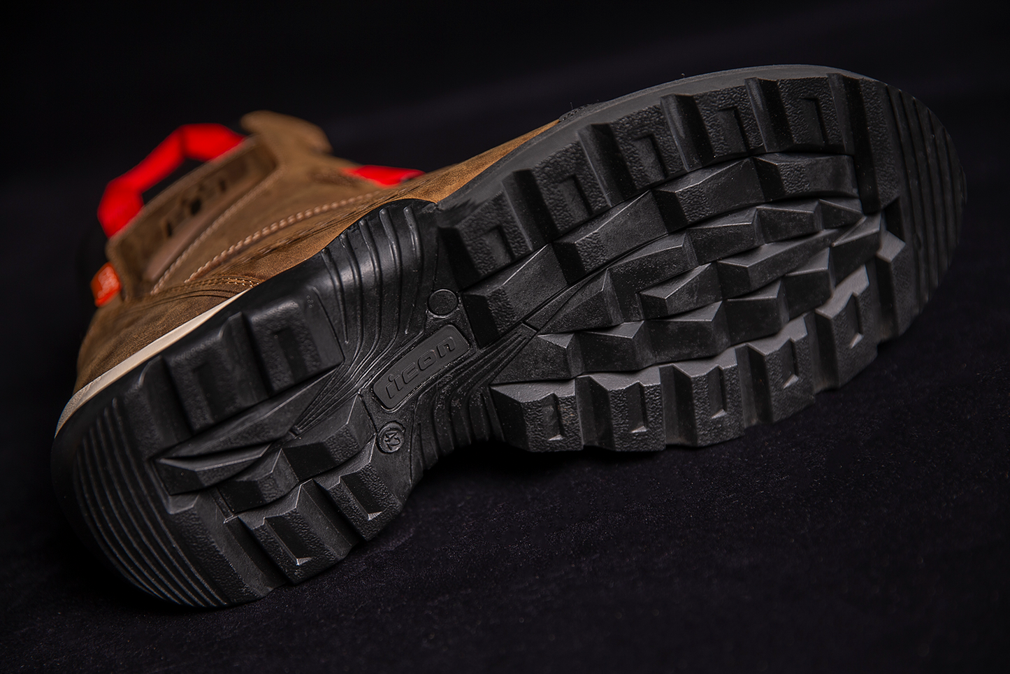 ICON Stormhawk brown boots by Bill's Exhausts, size 11.5, featuring sturdy leather construction and rugged design.