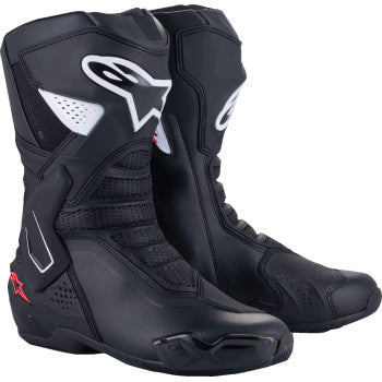 Alpinestars Stella SMX-6 V3 motorcycle boots in black, white, and pink with US 7.5/EU 41, featuring protective design and sporty style.