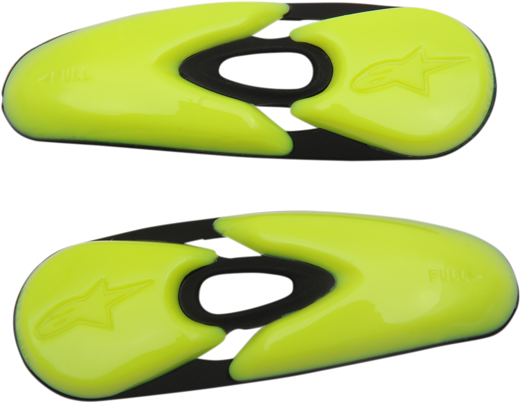 Alpinestars black and yellow toe sliders for motorcycle boots, part number 25SLI6-155, designed to protect and customize riding gear.