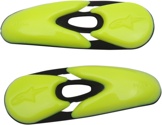 Alpinestars black and yellow toe sliders for motorcycle boots, part number 25SLI6-155, designed to protect and customize riding gear.