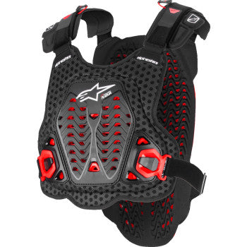 Alpinestars A-5 Plasma Chest Protector in black, red, and white, XL/2XL size, designed for motorcycle safety and impact protection.
