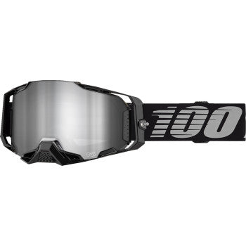 Bill's Exhausts 100% Armega Goggle in black with silver mirror lens, showing the sleek design and reflective lens for motorcycle riding.