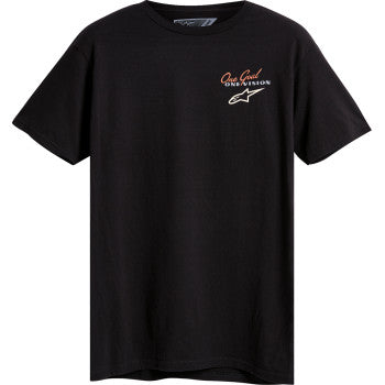 Black Alpinestars flagged T-shirt in medium size, featuring the brand logo and design details, displayed flat on a white background.