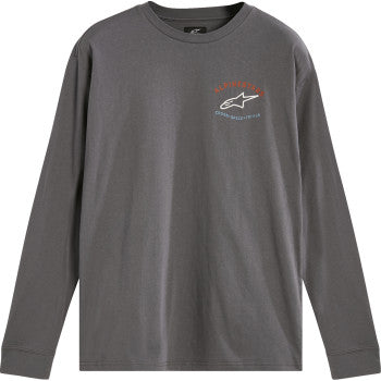 Alpinestars full face long-sleeve T-shirt in charcoal, size medium, featuring brand logo and motorcycle-inspired design.