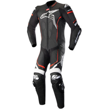 Alpinestars GP Plus V2 1-piece leather motorcycle suit in black and red fluorescent, US 44 / EU 54, displayed on a mannequin.