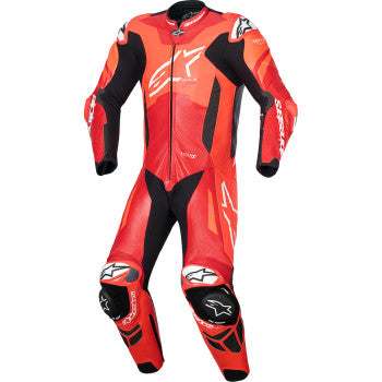 Alpinestars GP Plus v4 Sprint 1-piece leather motorcycle suit in red fluo, mid red, and white, size US 48 / EU 58.