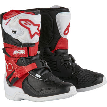 Alpinestars Kids Tech 3S motorcycle boots in red, black, and white with US size 11, featuring sturdy design and protective features.