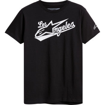 Black ALPINESTARS Los Angeles T-Shirt in medium size, featuring the brand logo, displayed flat on a white background.