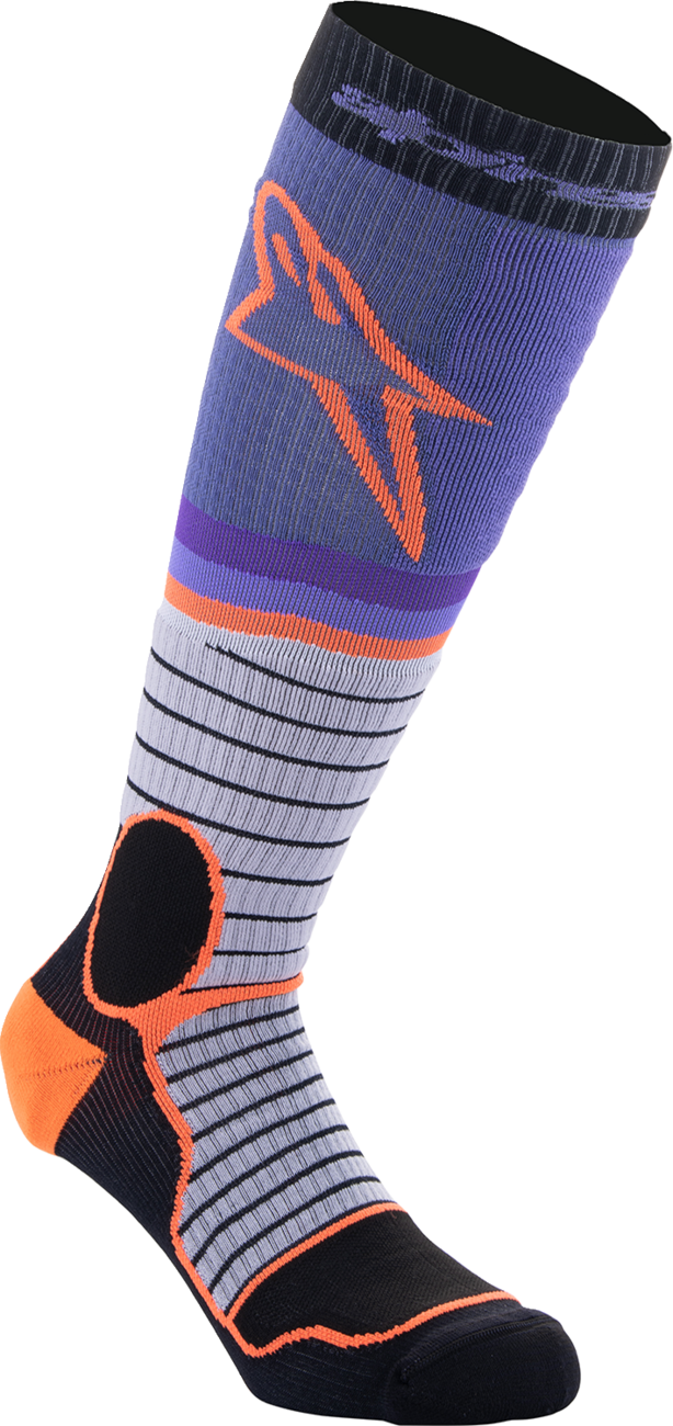 Alpinestars MX Pro Socks in black, gray, purple, and orange, medium size, designed for motocross riding comfort and support.