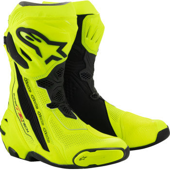 Alpinestars Supertech R Vented Motorcycle Boots in fluorescent yellow and black, US 9.5 / EU 44, with ankle and heel protection.