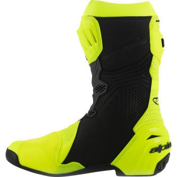 Alpinestars Supertech R Vented motorcycle boots in fluorescent yellow and black, US 9.5, EU 44, with visible ventilation features.