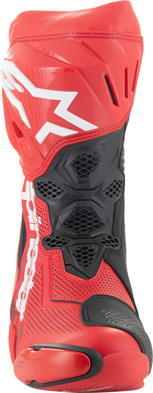 Red Alpinestars Supertech R Vented motorcycle boots in US size 11.5, featuring protective design and sporty styling.