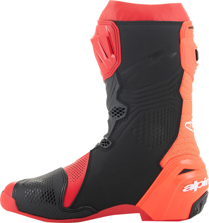 Alpinestars Supertech R Vented racing motorcycle boots in red, US 8 / EU 42, with protective design and vented panels.