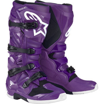 Alpinestars Tech 7 motorcycle boots in purple, US size 10, with protective design and sturdy construction for riding.