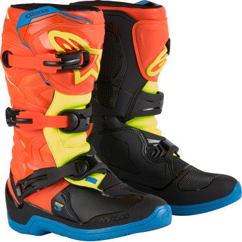 Alpinestars Youth Tech3S motocross boots in orange, blue, yellow, and black with US size 5, shown from the side view.