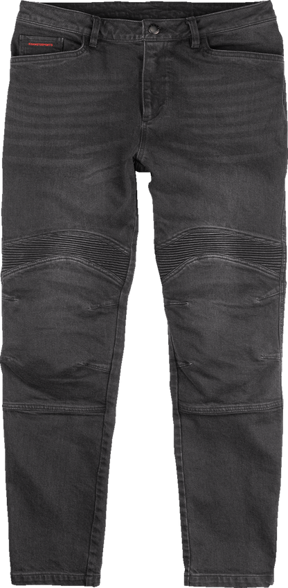 Black ICON Slabtown Jeans by Bill's Exhausts, size 38, displayed folded with visible stitching and classic denim texture.